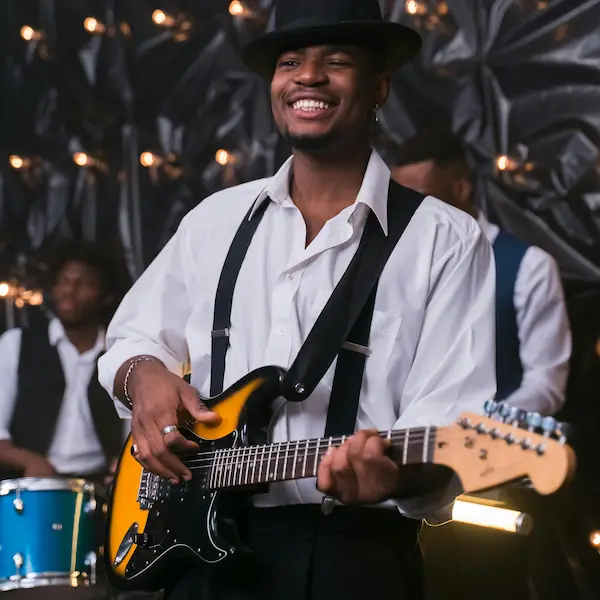 A guitarist performs on-stage